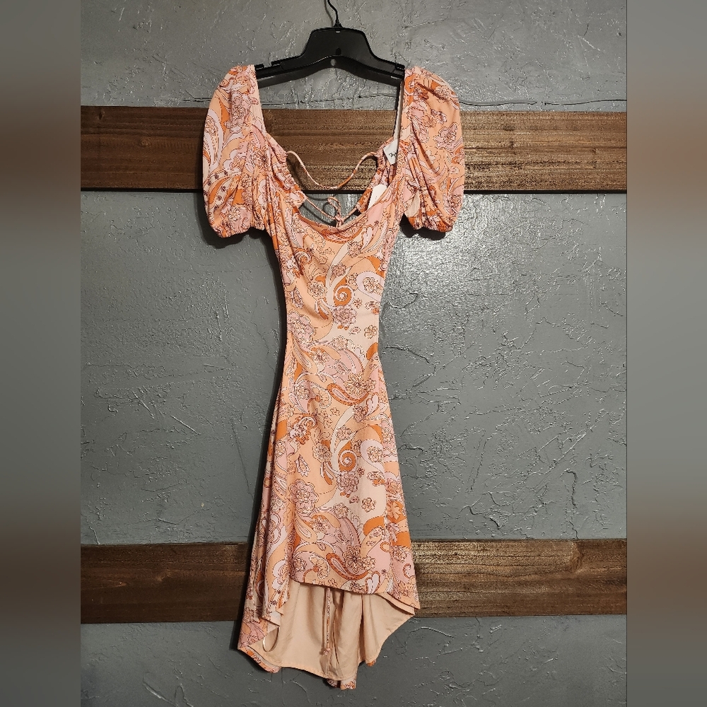 Sky To Moon Women's Size L Cutout Sides Open Back Boho Paisley 70s Mini Dress